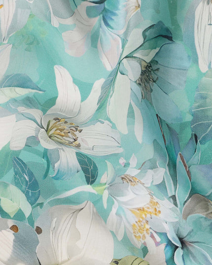 Turquoise Teal Green Floral Synthetic Crepe Fabric 110cm