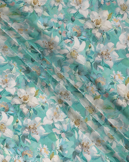 Turquoise Teal Green Floral Synthetic Crepe Fabric 110cm