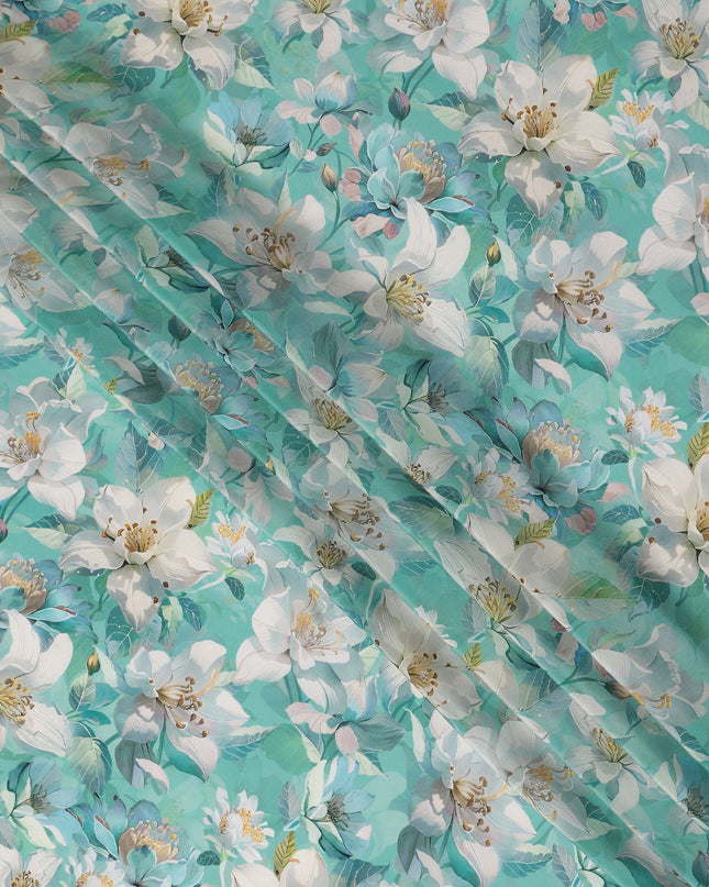 Turquoise Teal Green Floral Synthetic Crepe Fabric 110cm