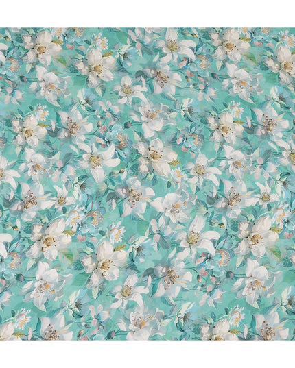 Turquoise Teal Green Floral Synthetic Crepe Fabric 110cm