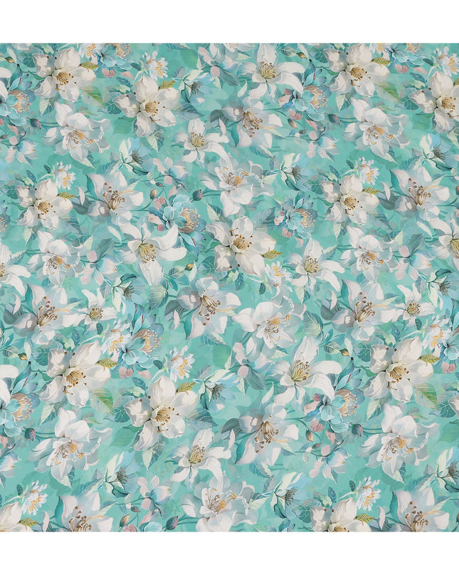 Turquoise Teal Green Floral Synthetic Crepe Fabric 110cm
