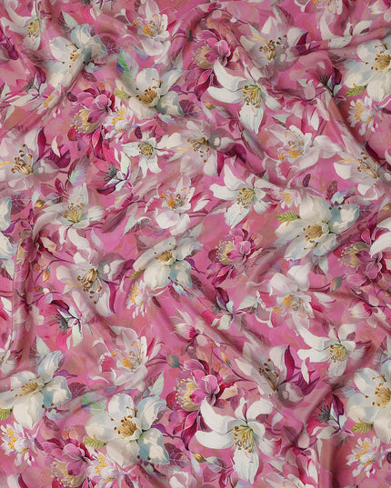 Rose Magenta Pink Floral Synthetic Crepe Fabric 110cm