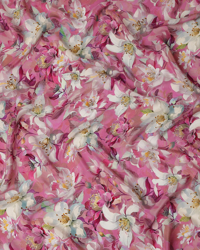 Rose Magenta Pink Floral Synthetic Crepe Fabric 110cm