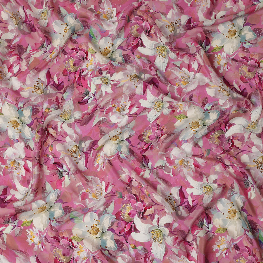 Rose Magenta Pink Floral Synthetic Crepe Fabric 110cm