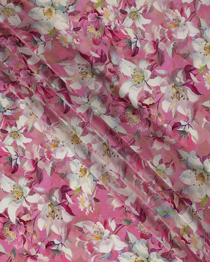 Rose Magenta Pink Floral Synthetic Crepe Fabric 110cm