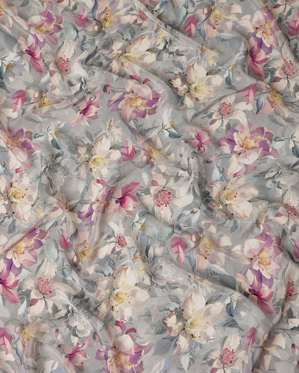 Soft Dove Grey Floral Synthetic Crepe Fabric 110cm