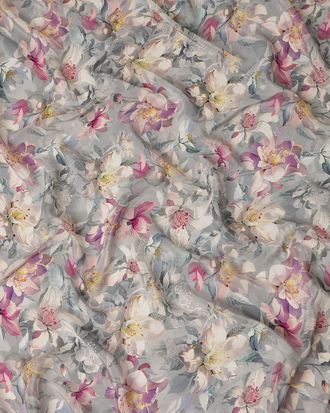 Soft Dove Grey Floral Synthetic Crepe Fabric 110cm
