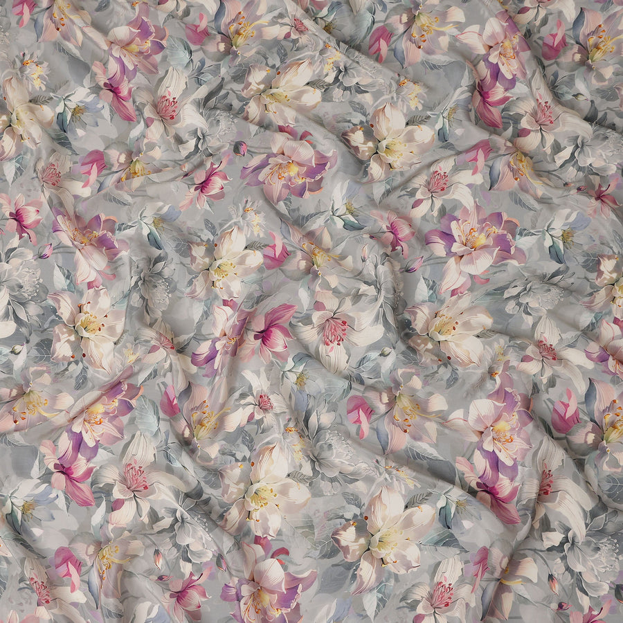 Soft Dove Grey Floral Synthetic Crepe Fabric 110cm
