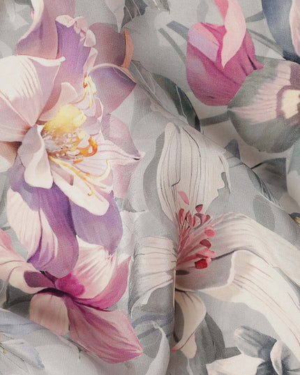 Soft Dove Grey Floral Synthetic Crepe Fabric 110cm