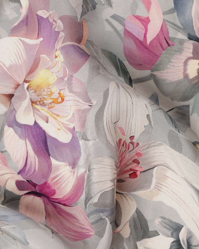 Soft Dove Grey Floral Synthetic Crepe Fabric 110cm