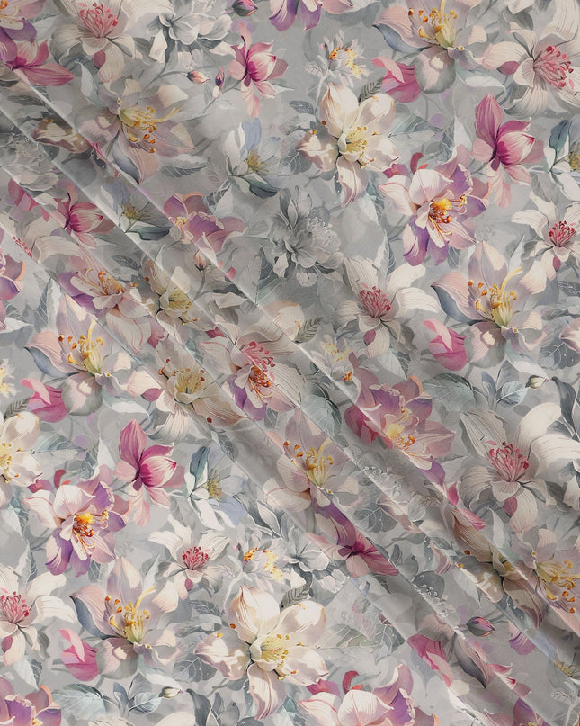 Soft Dove Grey Floral Synthetic Crepe Fabric 110cm