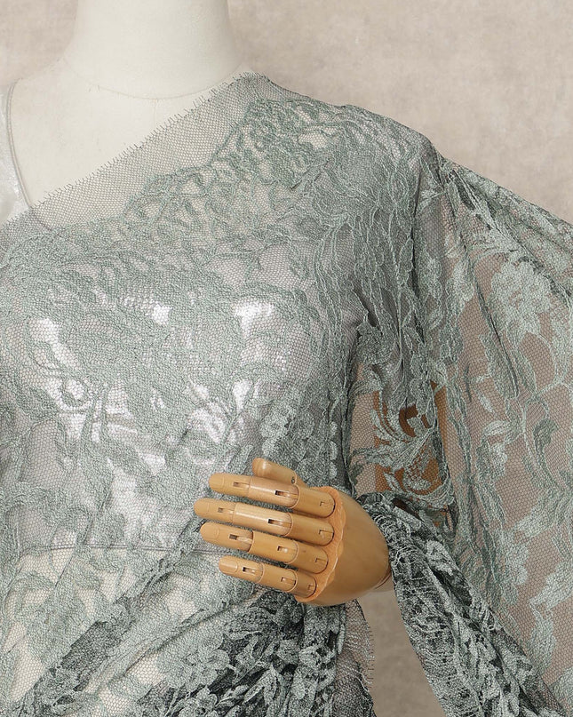 Sage Green French Chantilly Saree Lace Elegant Floral Net Design 5.5 Mtrs Length 110 Cms Width Premium Soft Sheer Fabric France Origin-D28940 Regal Fabrics