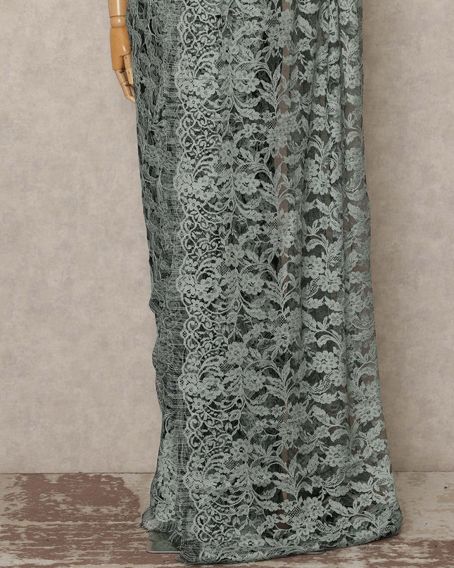Sage Green French Chantilly Saree Lace Elegant Floral Net Design 5.5 Mtrs Length 110 Cms Width Premium Soft Sheer Fabric France Origin-D28940 Regal Fabrics