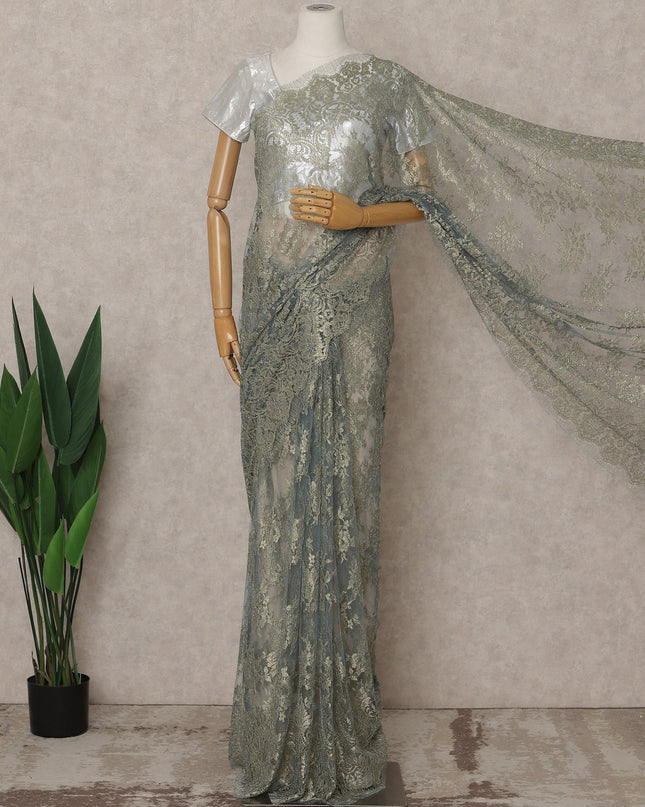 Blue Gold Premium French Metallic Chantilly Lace Saree – 5.5 Meters Fabric Length, Width 110 cm, Imported from France  & Blouse Not Included-D26567