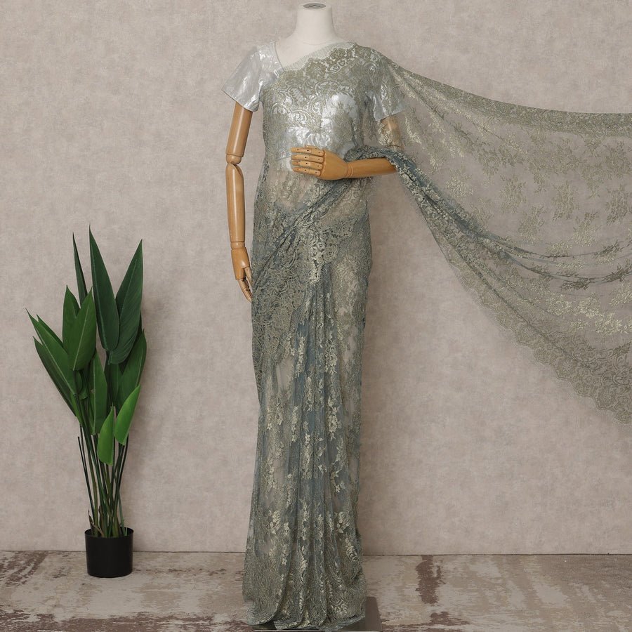Blue Gold Premium French Metallic Chantilly Lace Saree – 5.5 Meters Fabric Length, Width 110 cm, Imported from France  & Blouse Not Included-D26567