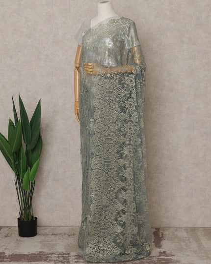 Blue Gold Premium French Metallic Chantilly Lace Saree – 5.5 Meters Fabric Length, Width 110 cm, Imported from France  & Blouse Not Included-D26567