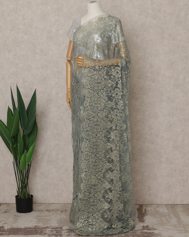 Blue Gold Premium French Metallic Chantilly Lace Saree – 5.5 Meters Fabric Length, Width 110 cm, Imported from France  & Blouse Not Included-D26567