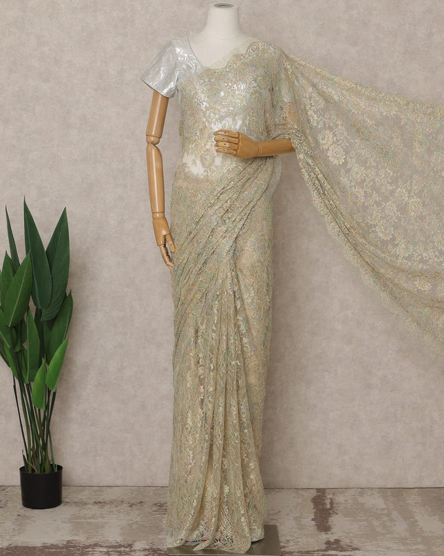 Mint Gold Premium French Metallic Chantilly Lace Saree – 5.5 Meters Fabric Length, Width 110 cm, Imported from France  & Blouse Not Included-D26577