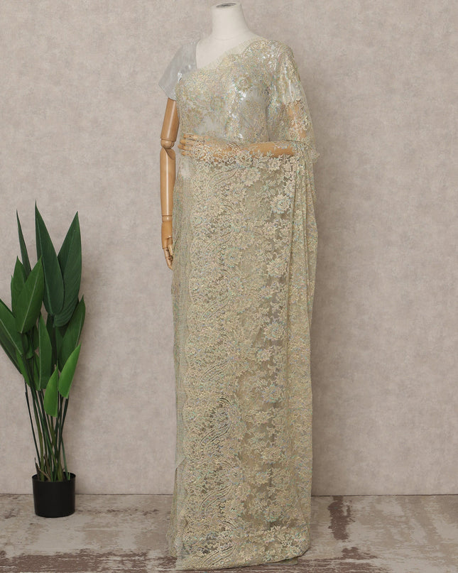 Mint Gold Premium French Metallic Chantilly Lace Saree – 5.5 Meters Fabric Length, Width 110 cm, Imported from France  & Blouse Not Included-D26577