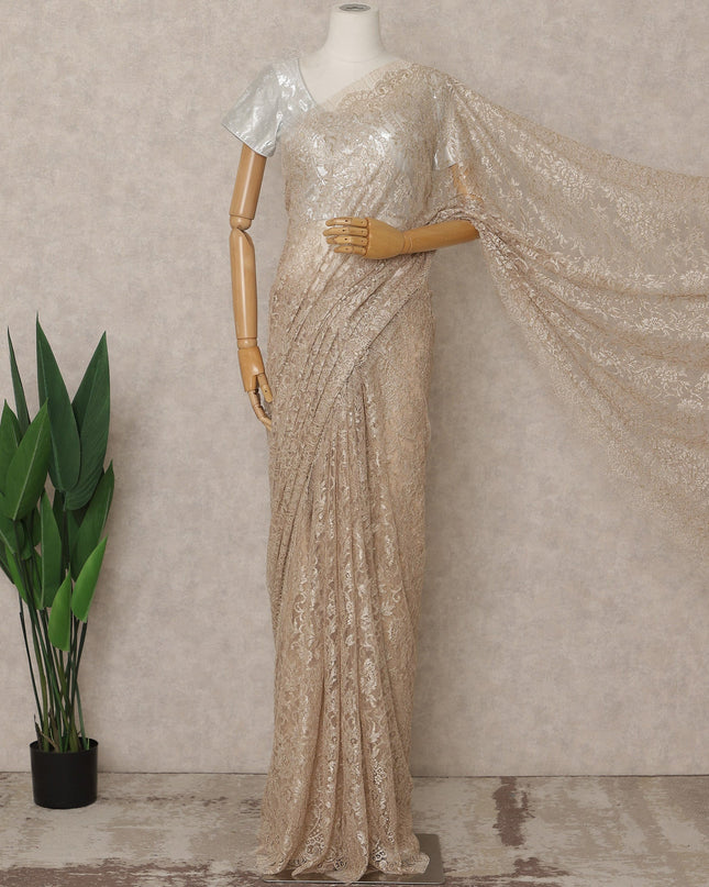Champagne Beige Premium French Metallic Chantilly Lace Saree – 5.5 Meters Fabric Length, Width 110 cm, Imported from France  & Blouse Not Included-D26581