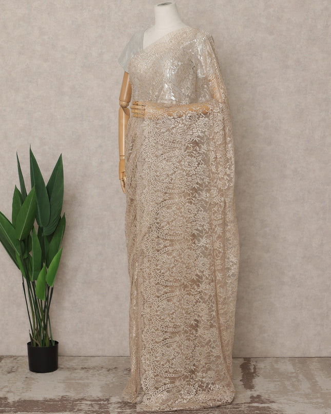 Champagne Beige Premium French Metallic Chantilly Lace Saree – 5.5 Meters Fabric Length, Width 110 cm, Imported from France  & Blouse Not Included-D26581