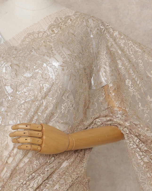 Champagne Beige Premium French Metallic Chantilly Lace Saree – 5.5 Meters Fabric Length, Width 110 cm, Imported from France  & Blouse Not Included-D26581