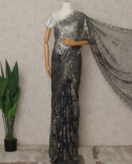 Navy Antique Gold Premium French Metallic Chantilly Lace Saree – 5.5 Meters Fabric Length, Width 110 cm, Imported from France  & Blouse Not Included-D26575