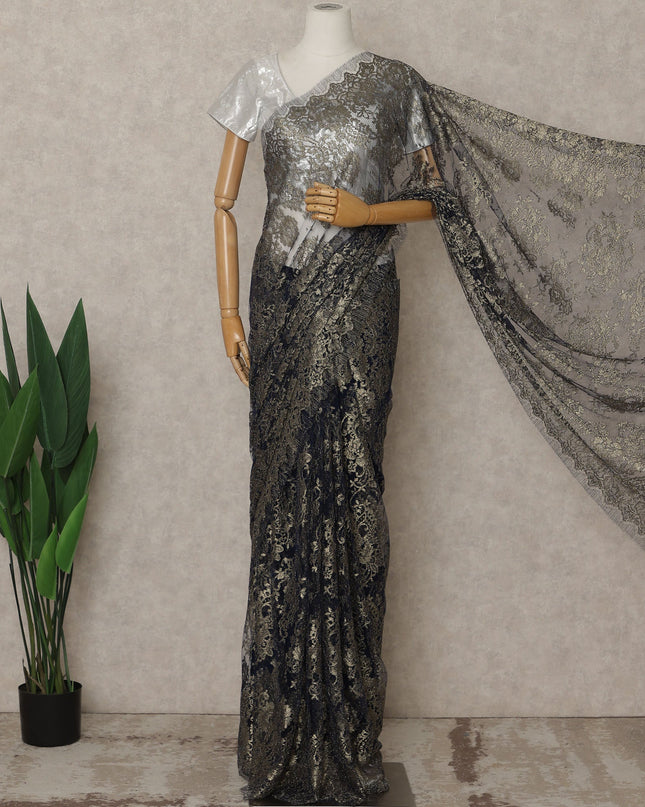 Navy Antique Gold Premium French Metallic Chantilly Lace Saree – 5.5 Meters Fabric Length, Width 110 cm, Imported from France  & Blouse Not Included-D26575