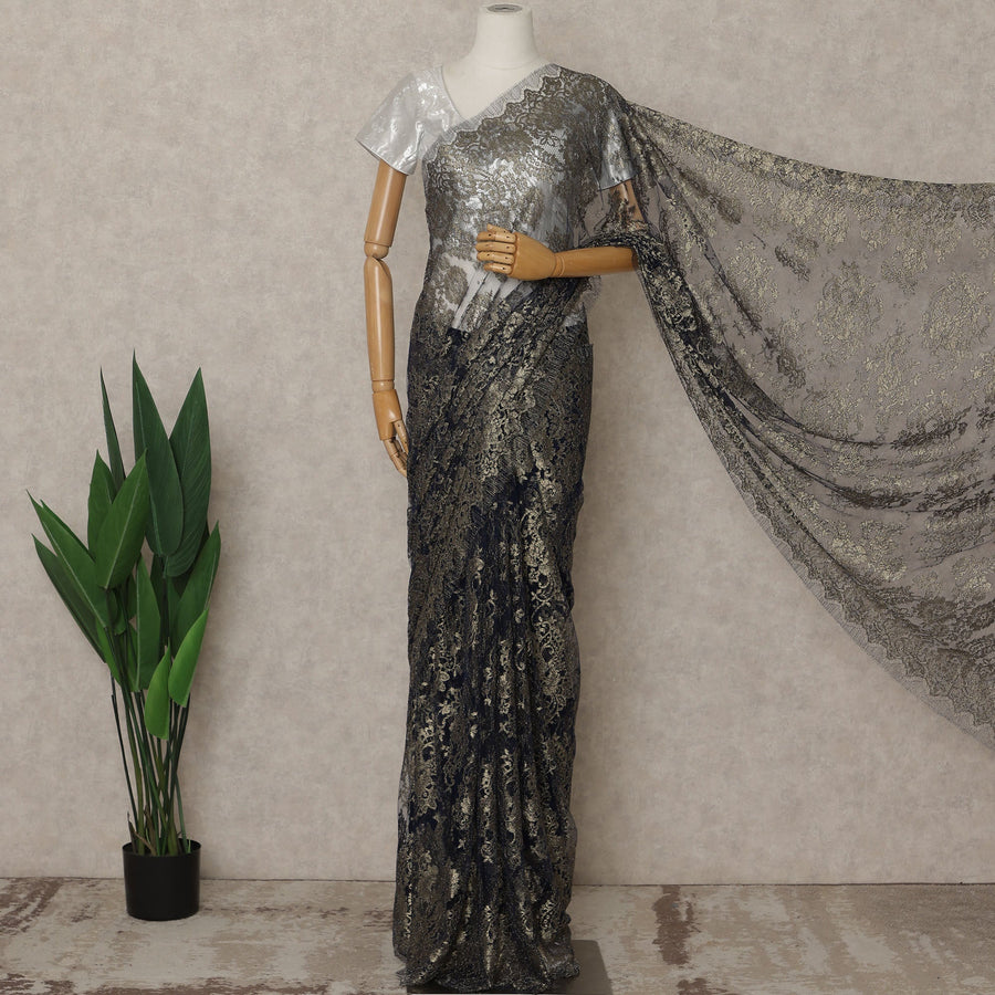 Navy Antique Gold Premium French Metallic Chantilly Lace Saree – 5.5 Meters Fabric Length, Width 110 cm, Imported from France  & Blouse Not Included-D26575