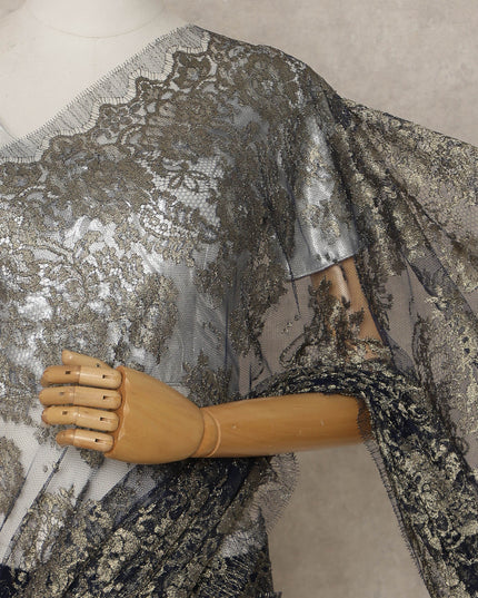 Navy Antique Gold Premium French Metallic Chantilly Lace Saree – 5.5 Meters Fabric Length, Width 110 cm, Imported from France  & Blouse Not Included-D26575