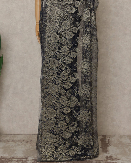 Navy Antique Gold Premium French Metallic Chantilly Lace Saree – 5.5 Meters Fabric Length, Width 110 cm, Imported from France  & Blouse Not Included-D26575