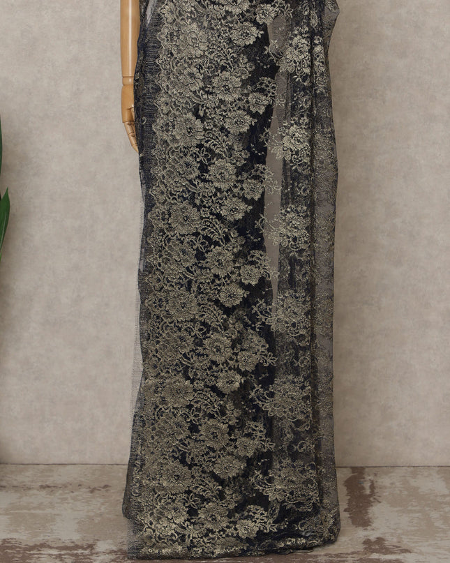 Navy Antique Gold Premium French Metallic Chantilly Lace Saree – 5.5 Meters Fabric Length, Width 110 cm, Imported from France  & Blouse Not Included-D26575