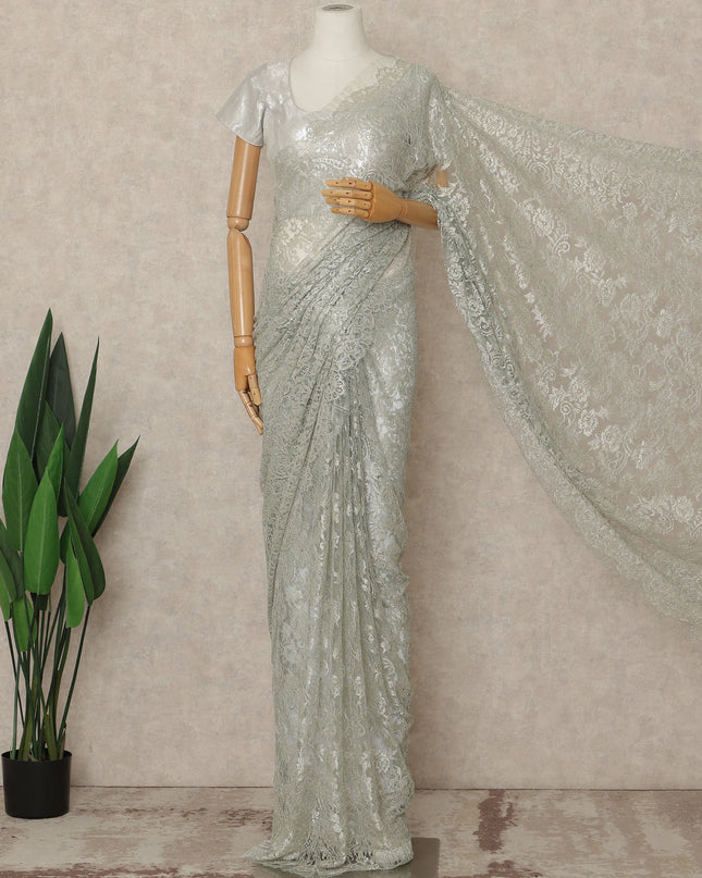 Silver Blue Premium French Metallic Chantilly Saree Lace Fabric 5.5 Meters Length 110 Cms Width Imported From France Elegant Designer Lace Blouse Not Included-D27357 Regal Fabrics