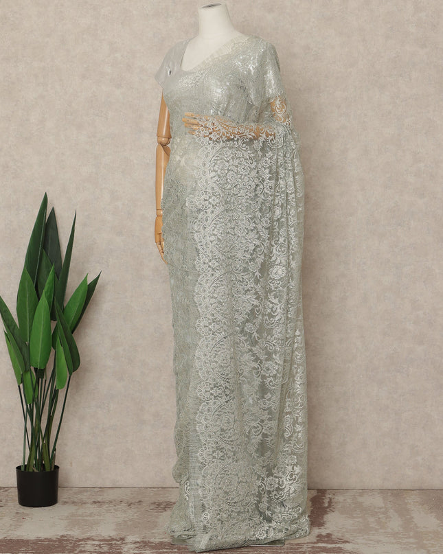 Silver Blue Premium French Metallic Chantilly Saree Lace Fabric 5.5 Meters Length 110 Cms Width Imported From France Elegant Designer Lace Blouse Not Included-D27357 Regal Fabrics