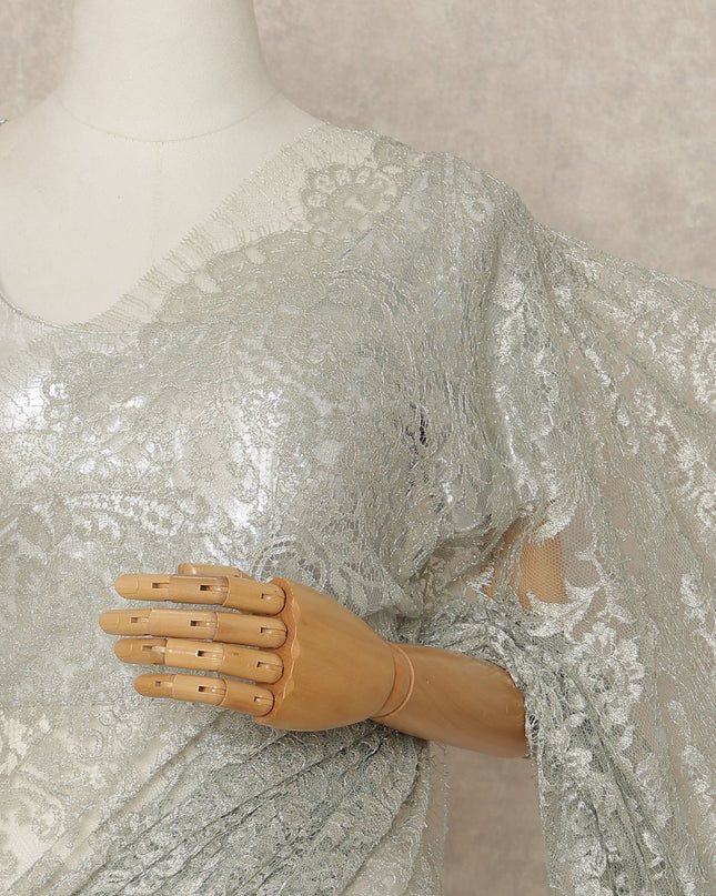 Silver Blue Premium French Metallic Chantilly Saree Lace Fabric 5.5 Meters Length 110 Cms Width Imported From France Elegant Designer Lace Blouse Not Included-D27357 Regal Fabrics