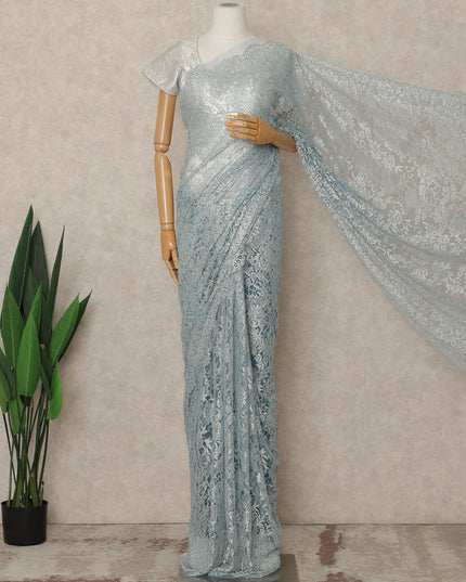 Ice Blue Premium French Metallic Chantilly Saree Lace Fabric 5.5 Meters Length 110 Cms Width Imported From France Elegant Designer Lace Blouse Not Included-D27360