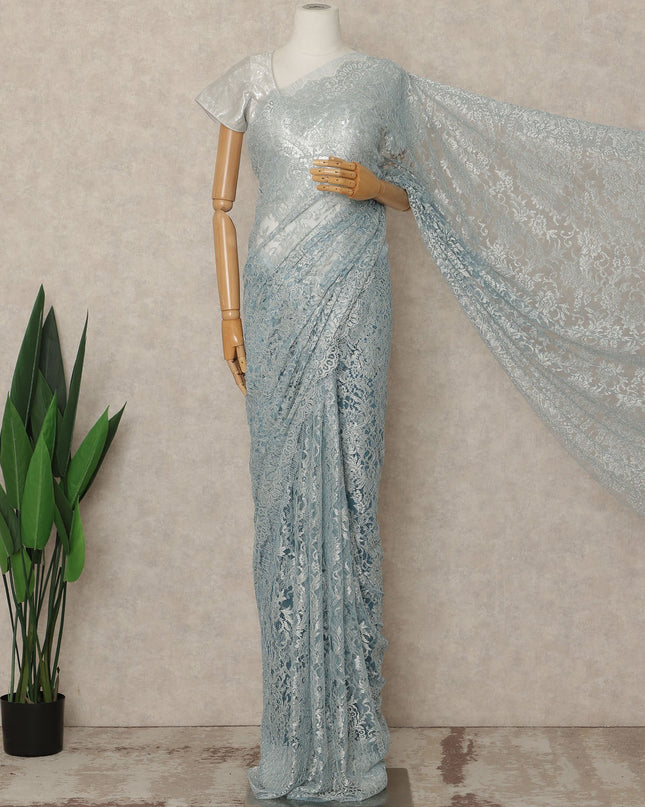 Ice Blue Premium French Metallic Chantilly Saree Lace Fabric 5.5 Meters Length 110 Cms Width Imported From France Elegant Designer Lace Blouse Not Included-D27360