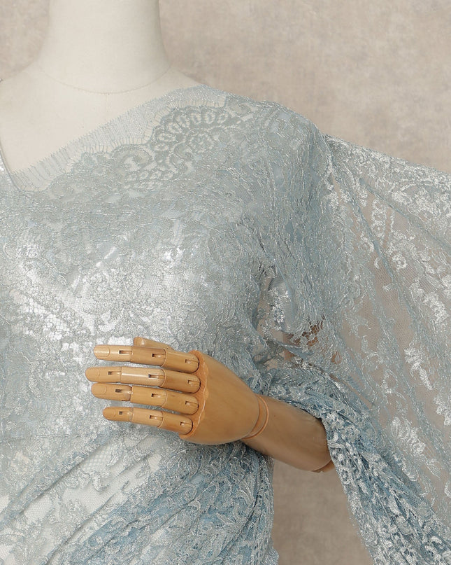 Ice Blue Premium French Metallic Chantilly Saree Lace Fabric 5.5 Meters Length 110 Cms Width Imported From France Elegant Designer Lace Blouse Not Included-D27360