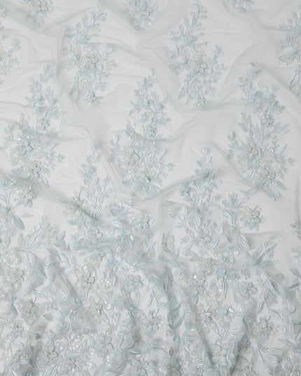 Light Blue Floral Sequin & Thread Embroidered Nylon Tulle Fabric, 140 cm Width, Made in Taiwan-D26629