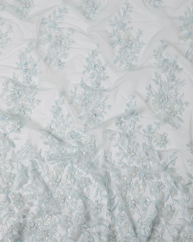 Light Blue Floral Sequin & Thread Embroidered Nylon Tulle Fabric, 140 cm Width, Made in Taiwan-D26629