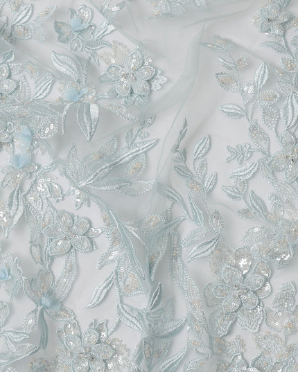 Light Blue Floral Sequin & Thread Embroidered Nylon Tulle Fabric, 140 cm Width, Made in Taiwan-D26629