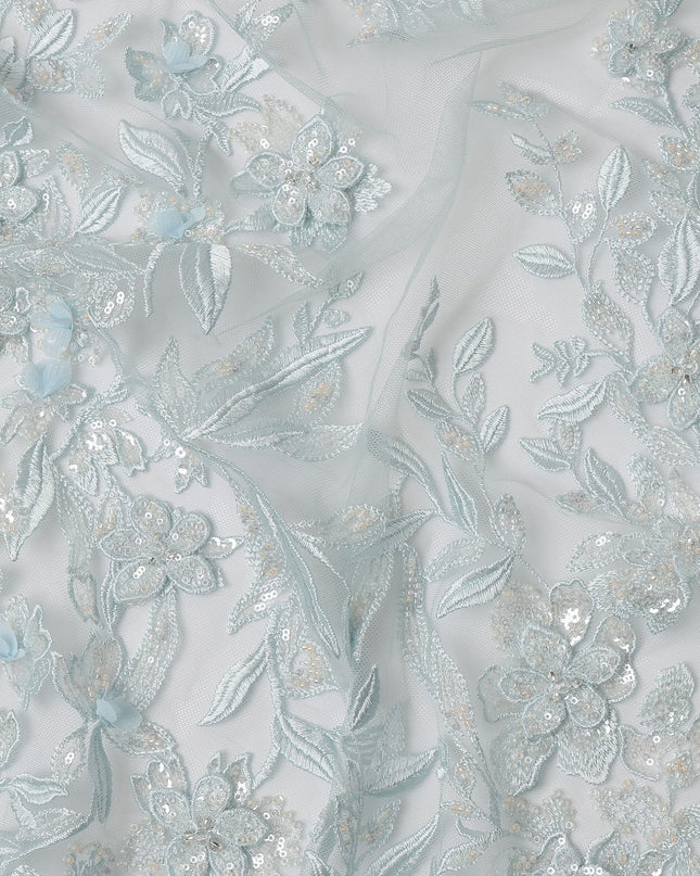 Light Blue Floral Sequin & Thread Embroidered Nylon Tulle Fabric, 140 cm Width, Made in Taiwan-D26629