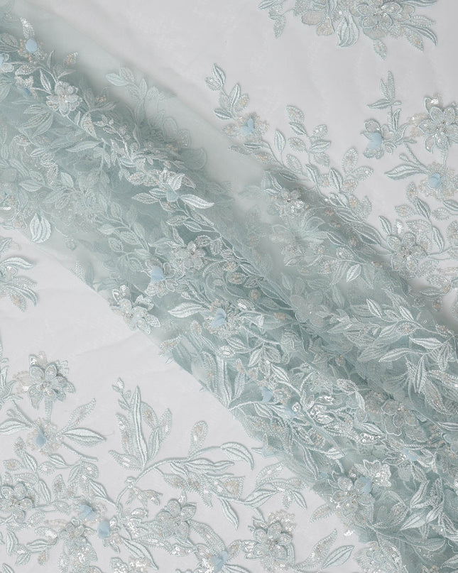 Light Blue Floral Sequin & Thread Embroidered Nylon Tulle Fabric, 140 cm Width, Made in Taiwan-D26629