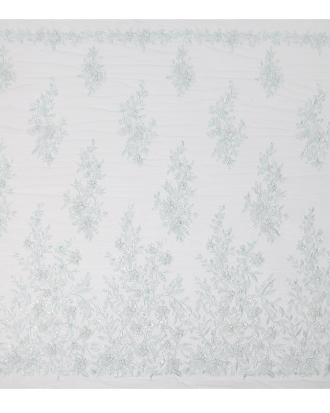 Light Blue Floral Sequin & Thread Embroidered Nylon Tulle Fabric, 140 cm Width, Made in Taiwan-D26629