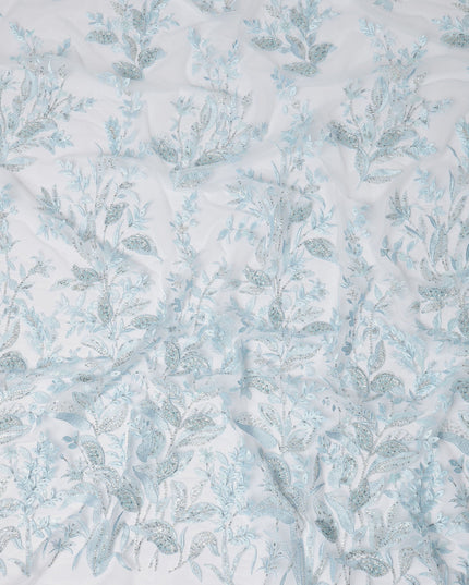 Light Blue Floral Embroidered Nylon Tulle Fabric with Sequins, 140 cm Width, Made in Taiwan-D26626