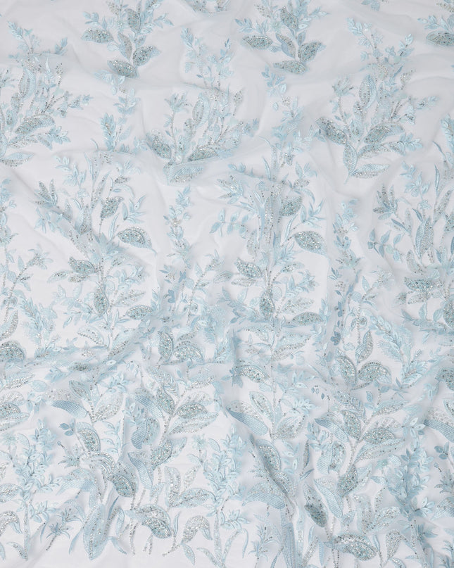 Light Blue Floral Embroidered Nylon Tulle Fabric with Sequins, 140 cm Width, Made in Taiwan-D26626
