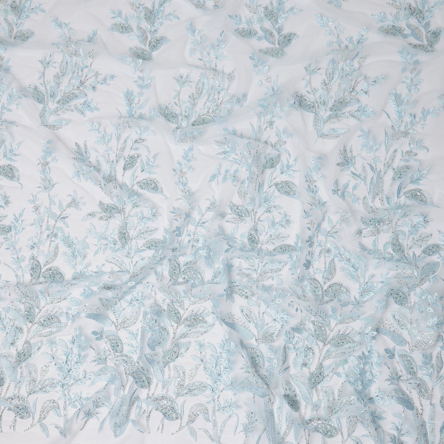 Light Blue Floral Embroidered Nylon Tulle Fabric with Sequins, 140 cm Width, Made in Taiwan-D26626