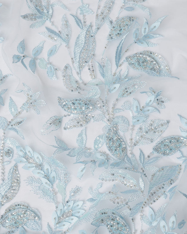 Light Blue Floral Embroidered Nylon Tulle Fabric with Sequins, 140 cm Width, Made in Taiwan-D26626