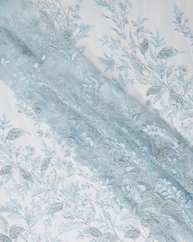 Light Blue Floral Embroidered Nylon Tulle Fabric with Sequins, 140 cm Width, Made in Taiwan-D26626