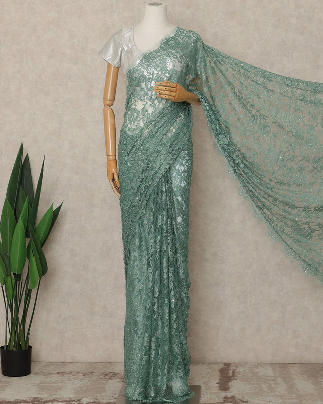 Sea Green Premium French 2 Tone Chantilly Saree Lace With Stone Work Fabric 5.5 Meters Length 110 Cms Width Imported From France Elegant Designer Lace Blouse Not Included-D27368